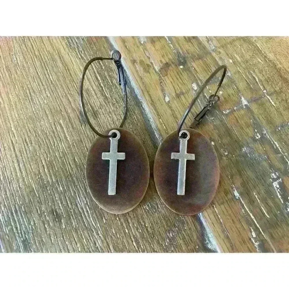 Boutique Bronze & Silver Two-Toned Cross Oval Metal Hoop Earrings - Picture 1 of 4